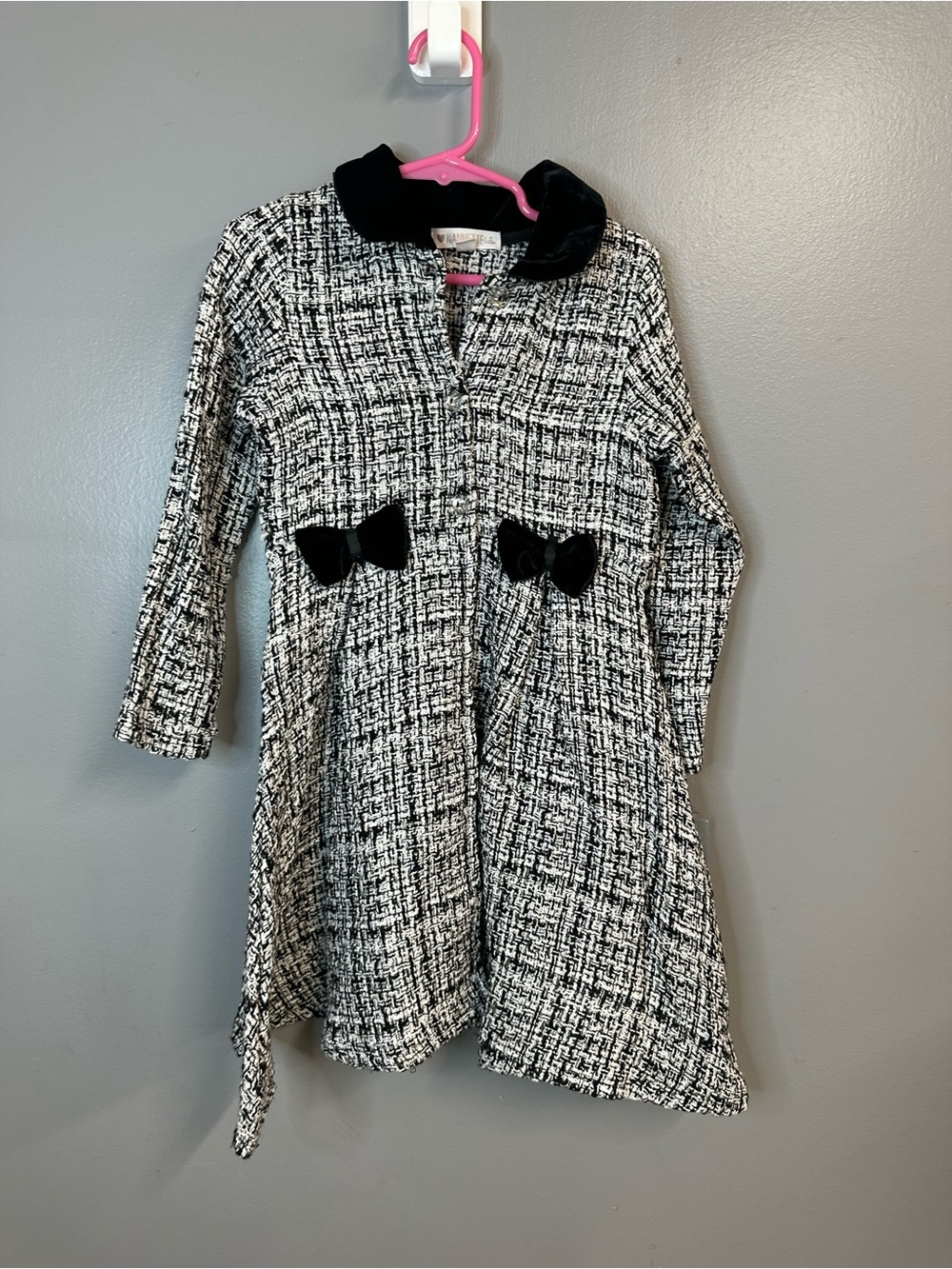 Nannette baby girl tweed dress coat in black and white with a velvet collar